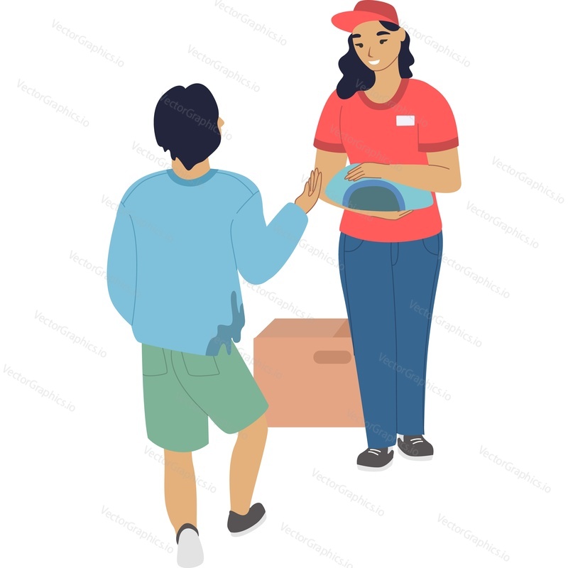 Volunteer giving donation to homeless person vector icon isolated on white background