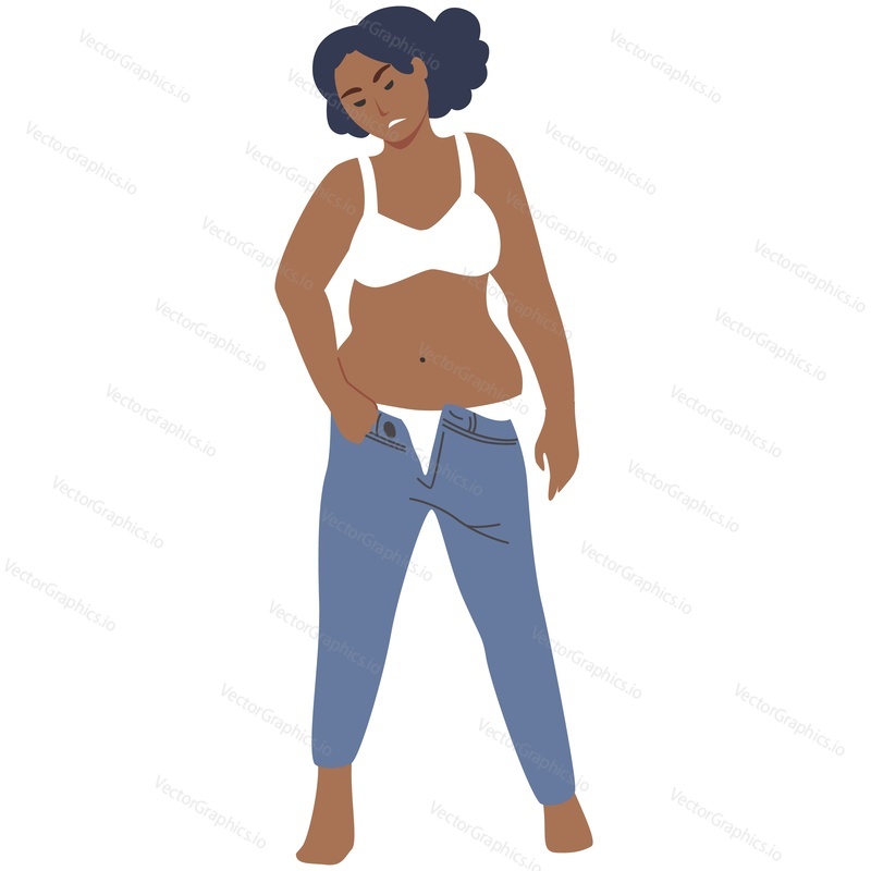 Sad woman getting fat have body problem feel stress vector. Overweight girl with tummy and fatty waist isolated on white background