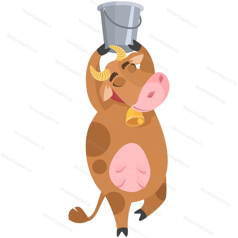 Cow cartoon character with bucket vector. Funny happy farm animal dancing with steel pail full milk dairy product isolated on white background