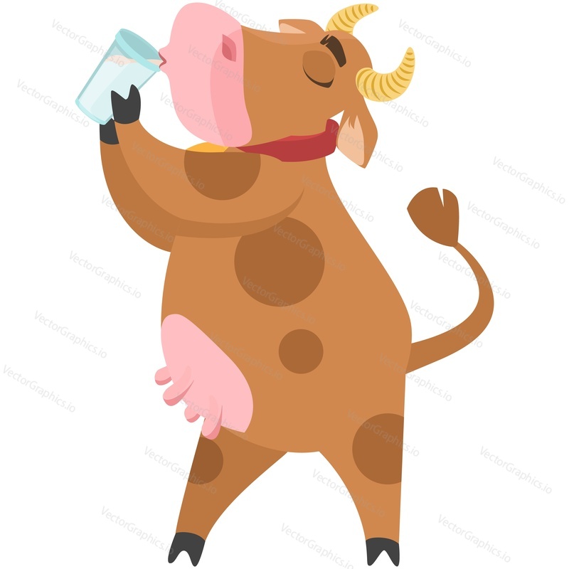 Cute cow cartoon character drink milk vector. Funny farm animal holding glass with dairy product and drinking isolated on white background