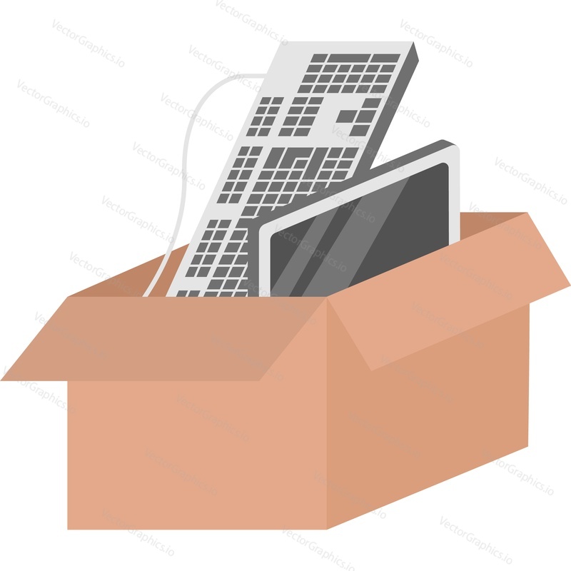 Картонная коробка с векторным значком деталей компьютера office pc, изолированным на белом фоне