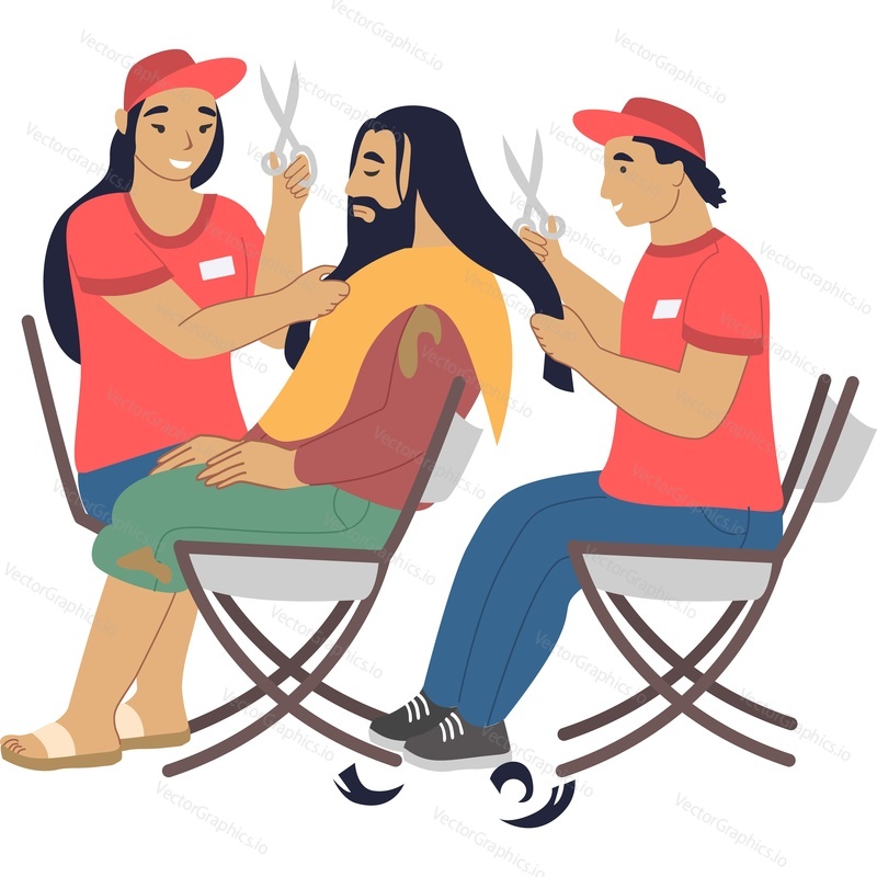 Volunteer team cutting hair to homeless person vector icon isolated on white background