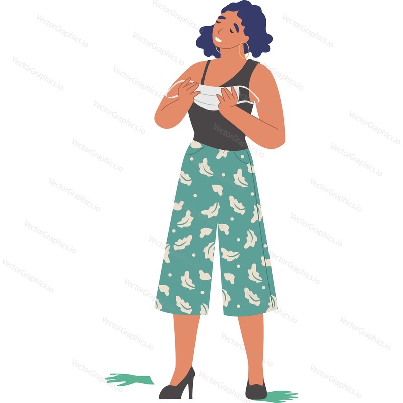 Happy woman taking off facial mask breathing with pleasure celebrating end of quarantine vector icon isolated on white background.