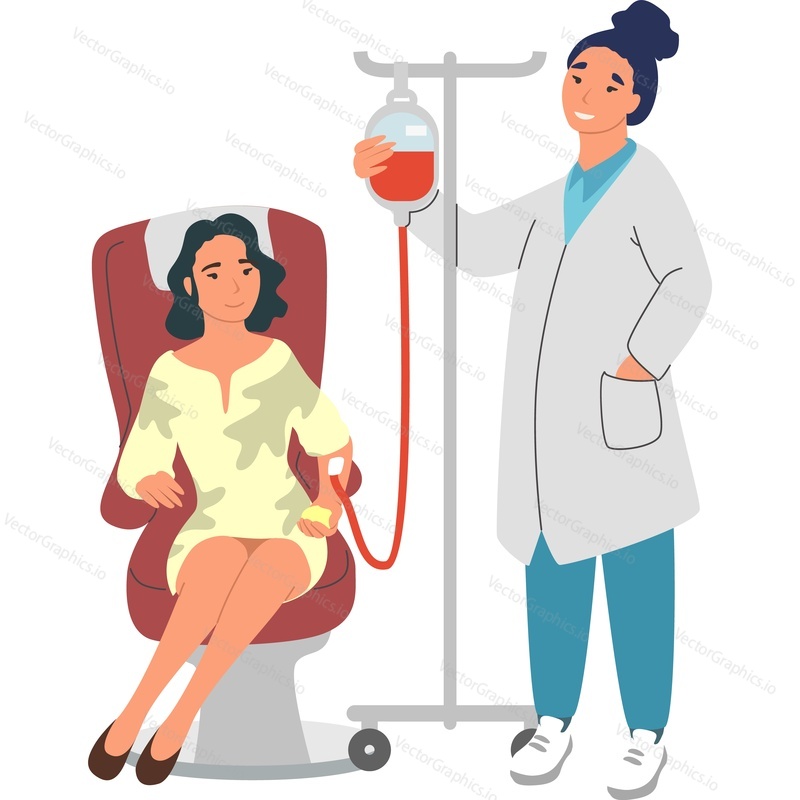 Happy woman engaged in blood donation vector icon isolated on white background.