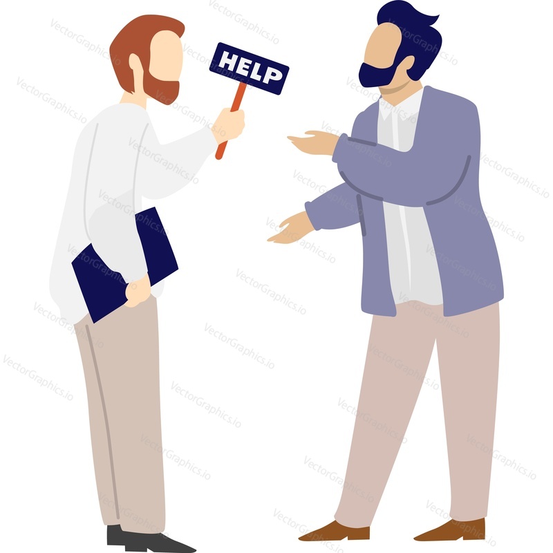 Businessman asking for help talking to coworker vector icon isolated on white background.