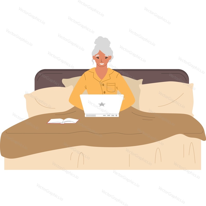 Starší žena procházení Internetu pomocí notebooku sedí v posteli doma vektorové ikony izolovaných na bílém pozadí.