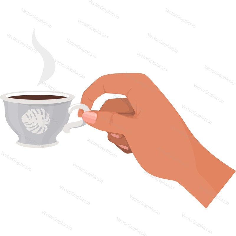 Hand with coffee in ceramic cup vector icon isolated on white background