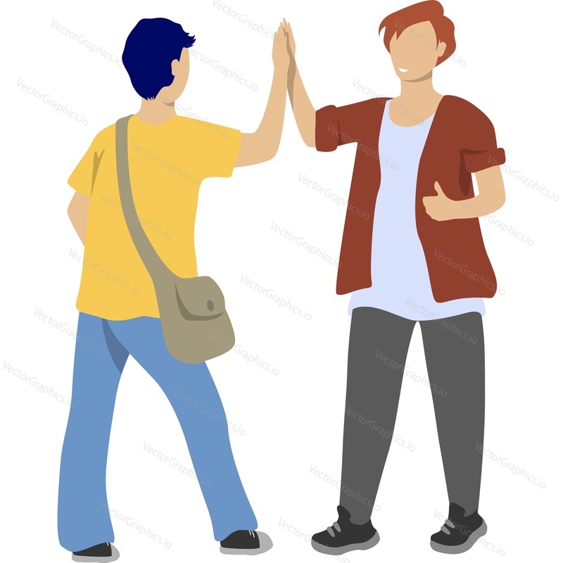 Male student characters giving high five vector icon isolated on white background.