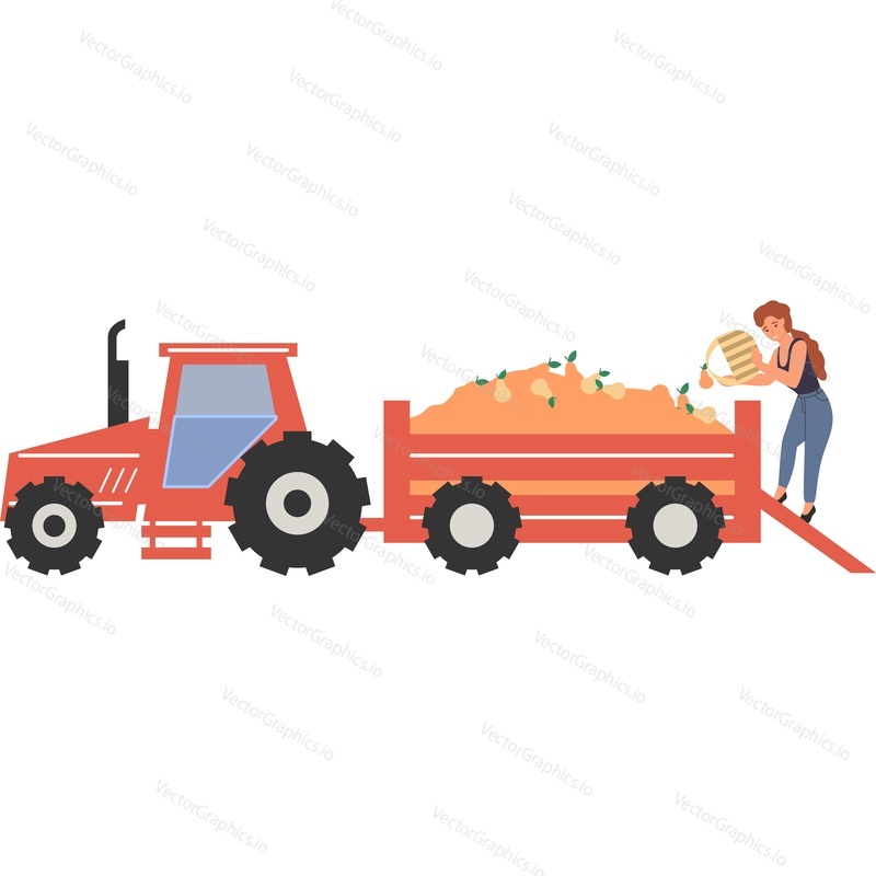 Traktor s nakládaným ovocem a žena zahradník vektorové ikony izolovaných na bílém pozadí.