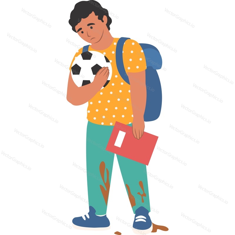 Stressed upset schoolboy in dirty clothes suffering from bullying vector icon isolated on white background