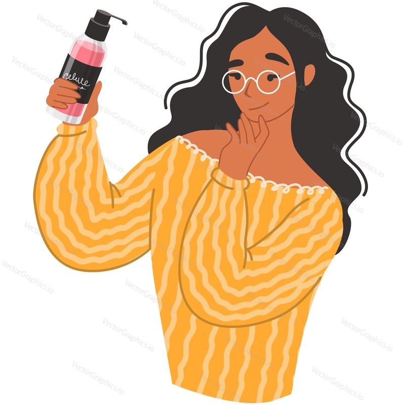 Woman choosing haircare cosmetics vector icon isolated on white background
