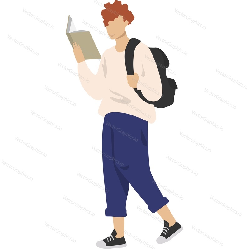 Teenager male student character reading book on walk vector icon isolated on white background.