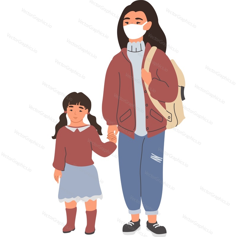Mother wearing protective mask walking with daughter vector icon isolated on white background. Viral pandemic concept.