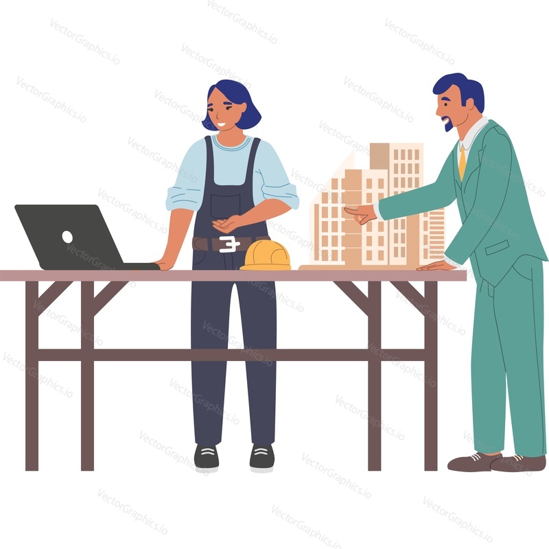 Stavitel a architekt diskutovat blueprint Projekt na notebooku vektorové ikony izolovaných na bílém pozadí.