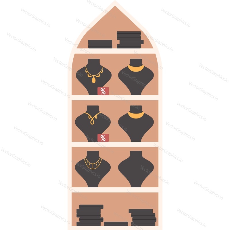 Showcase with gold jewelry on mannequin vector icon isolated on white background.