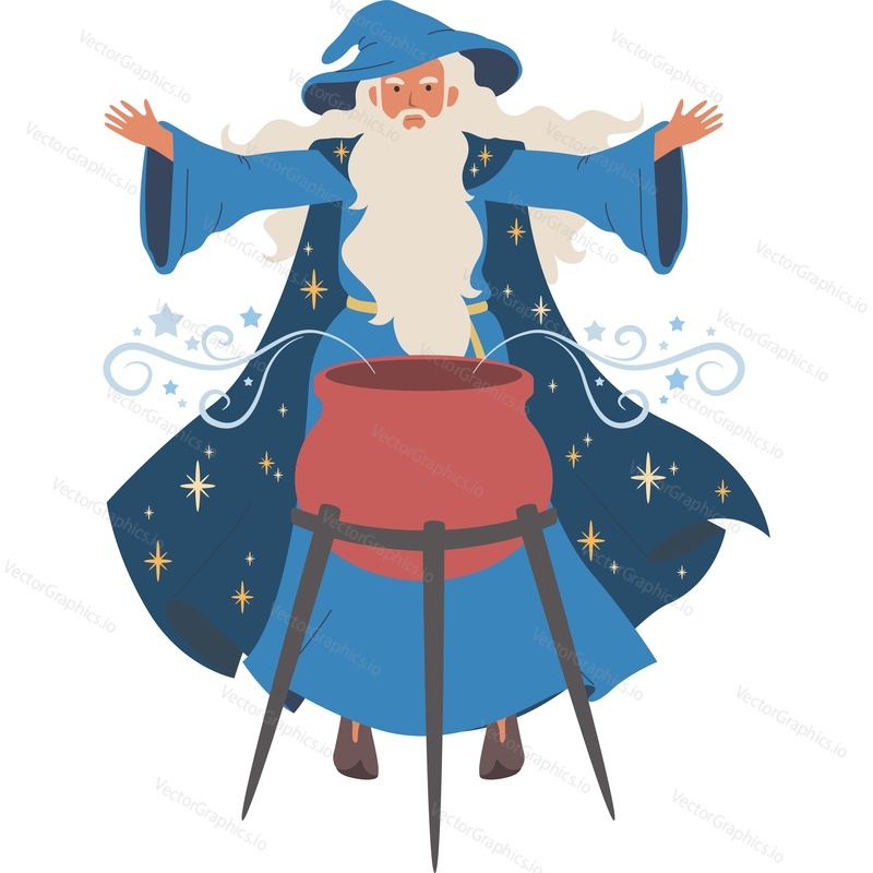 Male wizard conjures over cauldron with potion vector icon isolated on white background.