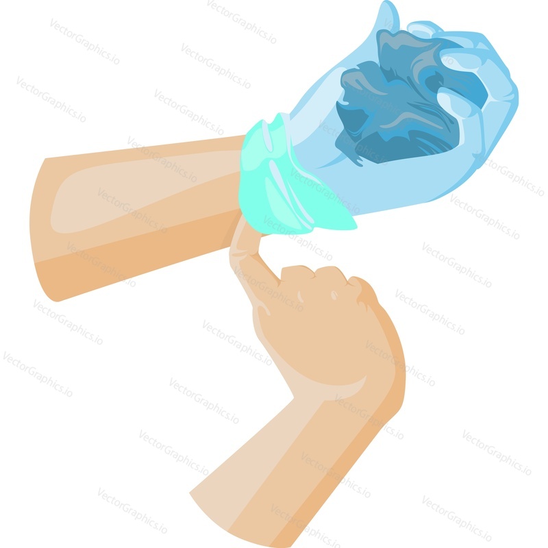 Hands using disposable protective gloves vector icon isolated on white background