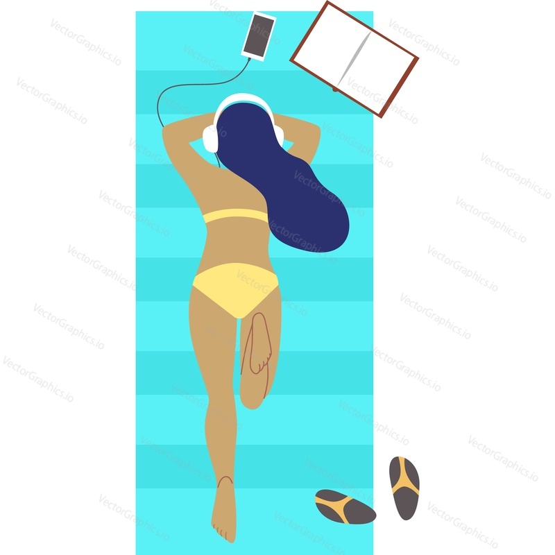Woman sunbathing on beach lying on blanket with digital devices top view vector icon isolated on white background.