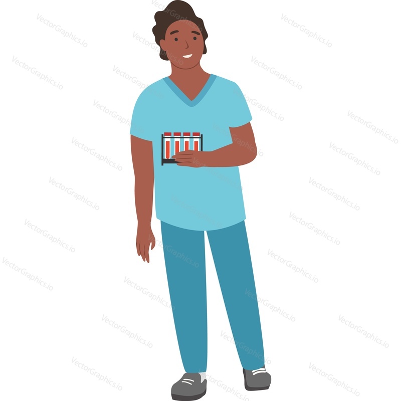 Man doctor laboratory worker holding test tubes with blood samples vector icon isolated on white background.