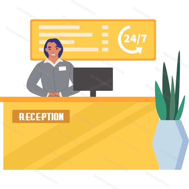 Reception desk and receptionist vector icon isolated on white background