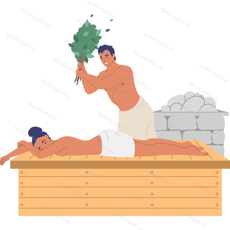 Married couple steaming in sauna with oak brooms vector icon isolated on white background.