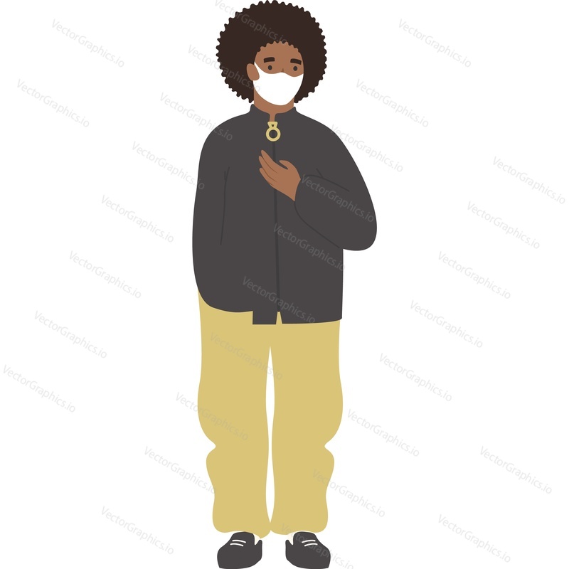 Young man wearing medical mask vector icon isolated on white background. Viral pandemic concept.
