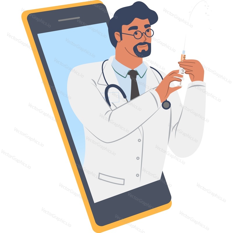 Doctor with syringe on mobile screen vector icon isolated on white background