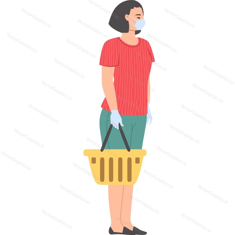 Woman wearing facial medical mask holding grocery shopping basket vector icon isolated on white background