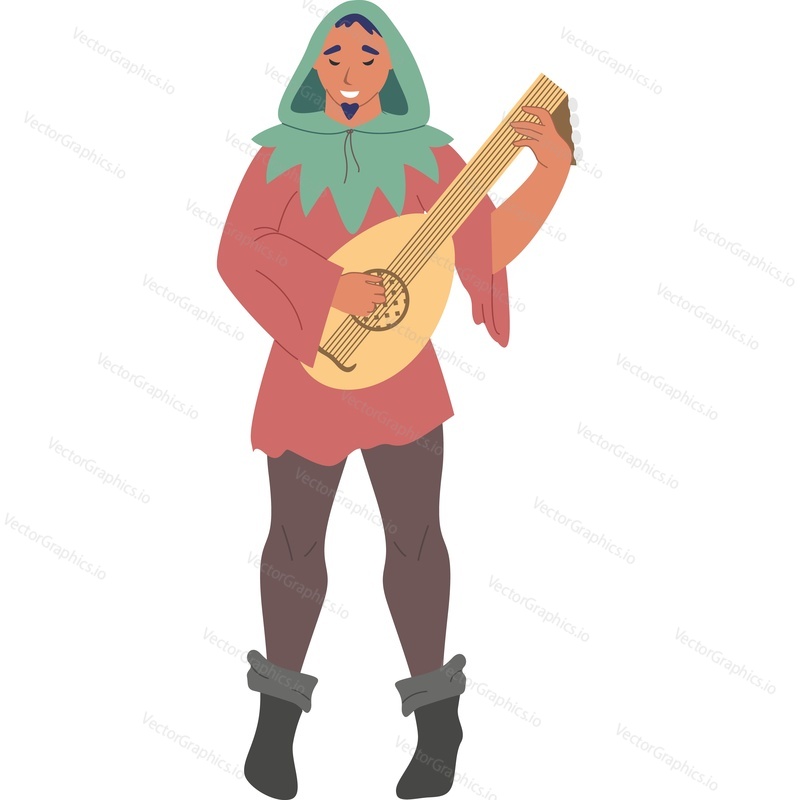 Medieval jester with bandura vector icon isolated on white background.