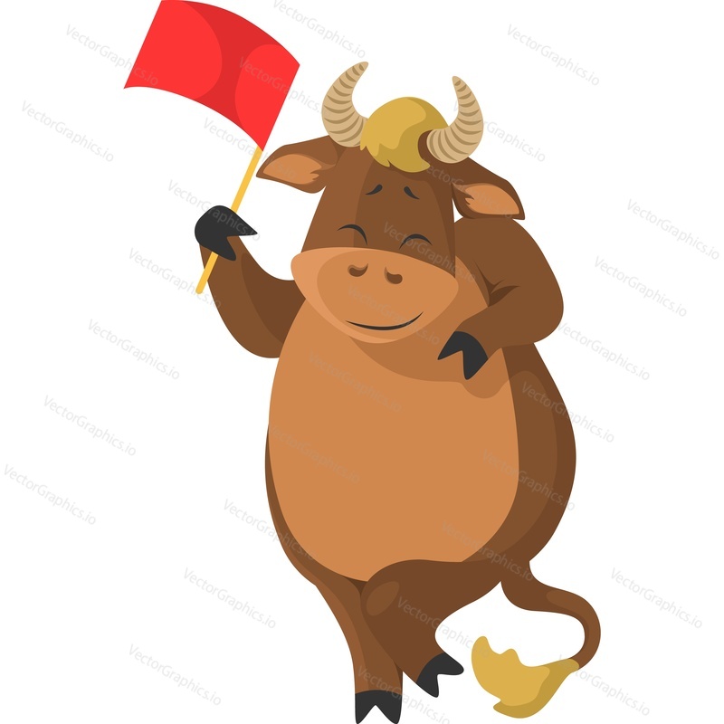 Christmas cow character with flag vector icon isolated on white background.