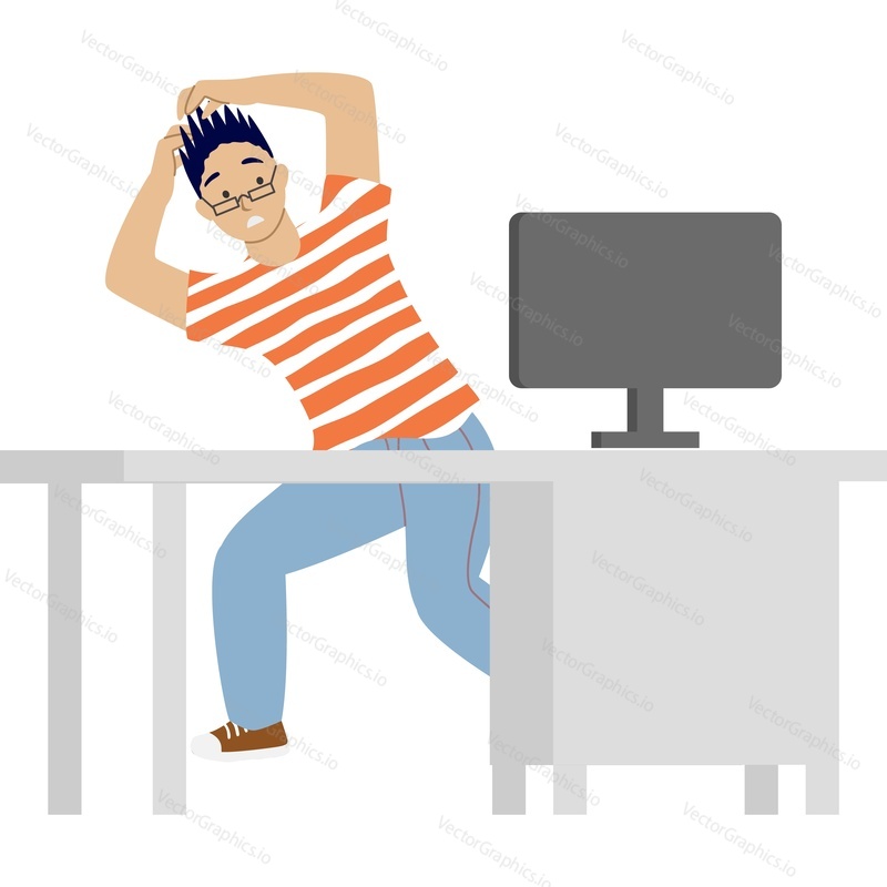 Frightened guy looking at computer screen feeling shock from news he saw vector icon isolated on white background. Viral pandemic concept.