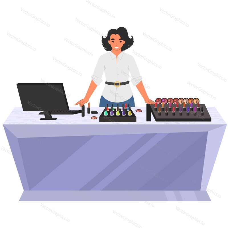 Saleswoman at cosmetics store showcase vector icon isolated on white background