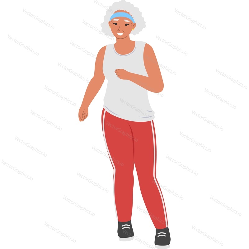 Happy elderly woman ruining marathon vector icon isolated on white background
