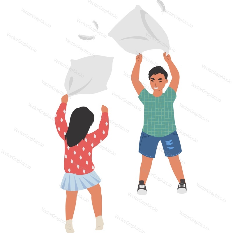 Naughty children fighting pillow vector icon isolated on white background