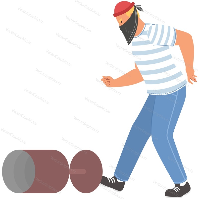 Teenager hooligan kicking trash can vector icon isolated on white background