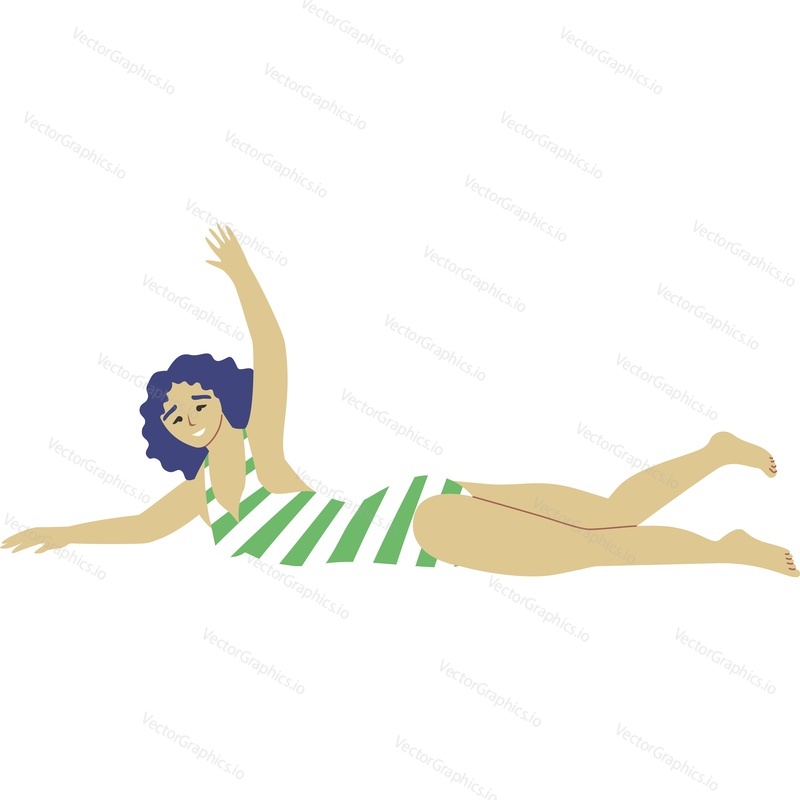 Woman wearing swimsuit swimming in pool vector icon isolated on white background.