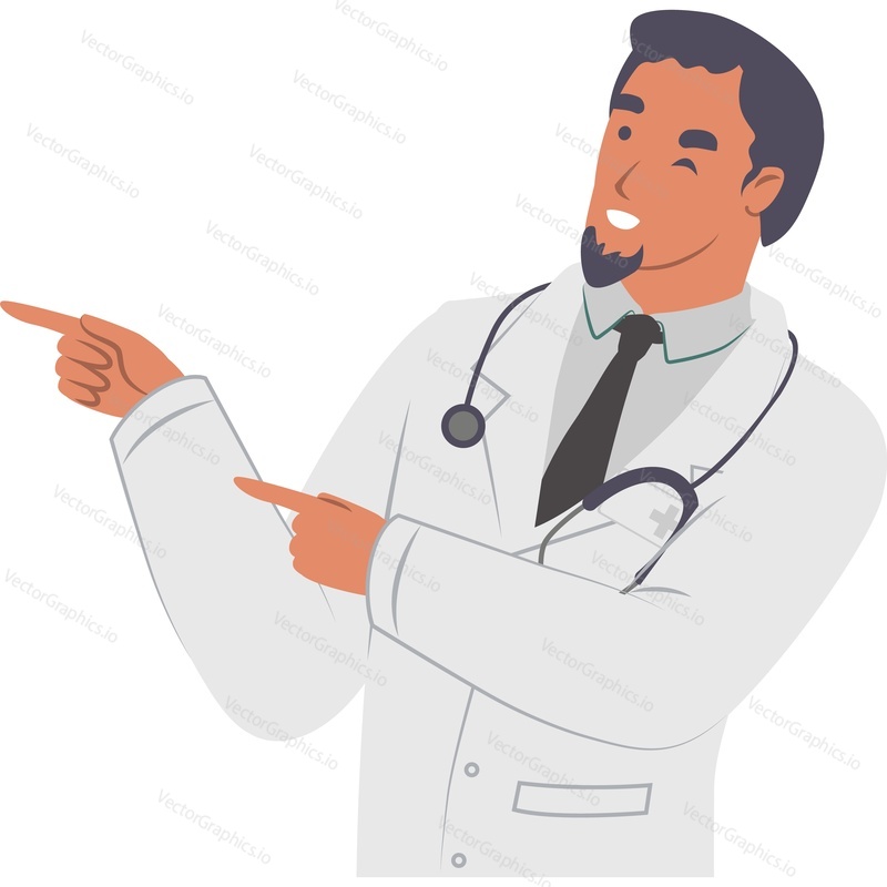 Friendly smiling doctor winking eye and pointing aside with two hands vector icon isolated on white background
