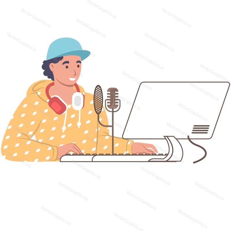 Zvukový inženýr vytváření podcast na počítači vektorové ikony izolovaných na bílém pozadí