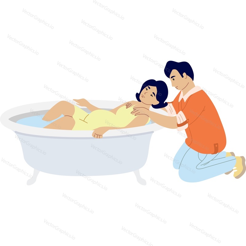 Husband holding shoulders of pregnant woman giving birth in bathroom vector icon isolated on white background.