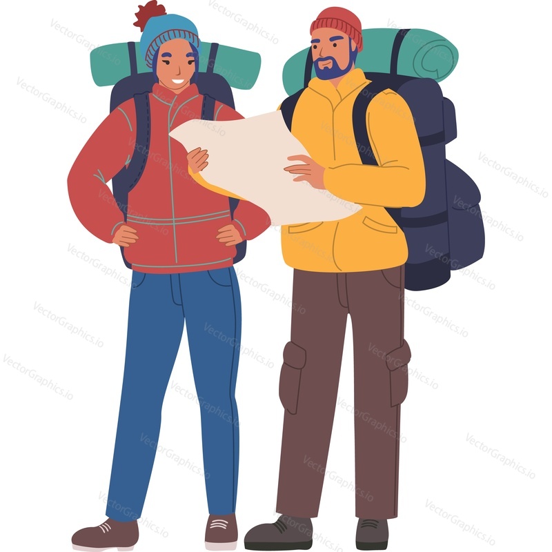 Two men climbers searching rout on paper map vector icon isolated on white background.