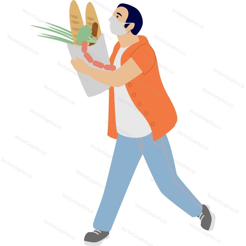 Man in medical protective mask running with shoopping full of groceries vector icon isolated on white background. Viral pandemic concept.