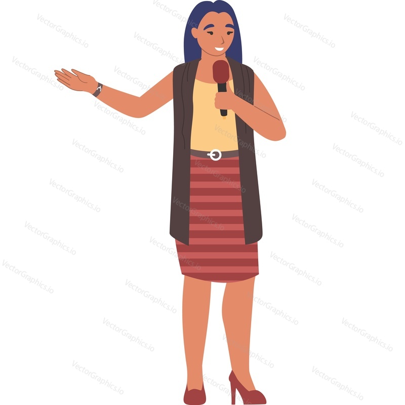 Woman presenter of tv program speaking into microphone vector icon isolated on white background.