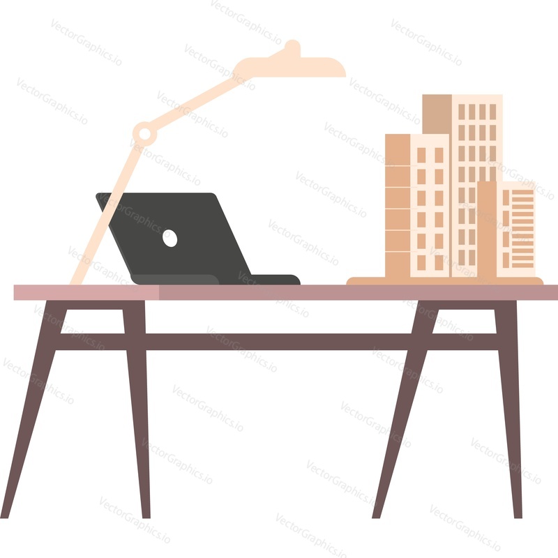 Architekt stůl s městem nové budovy modelu a laptop vektorové ikony izolovaných na bílém pozadí.
