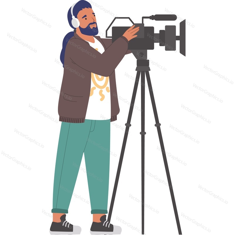 Male operator working with video camera vector icon isolated on white background.