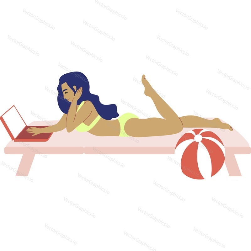 Woman working, studying online, chatting social network media using laptop on beach vector icon isolated on white background.