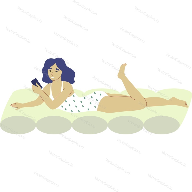 Attractive woman using mobile phone while sunbathing vector icon isolated on white background.