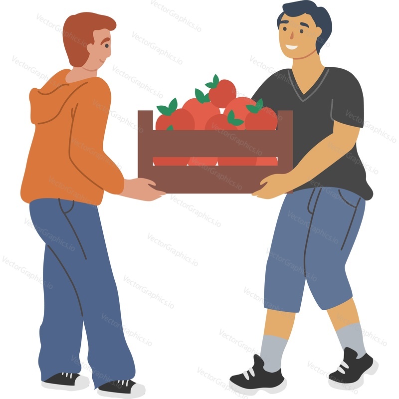Two men gardeners carrying wooden crate with apple fruit vector icon isolated on white background.