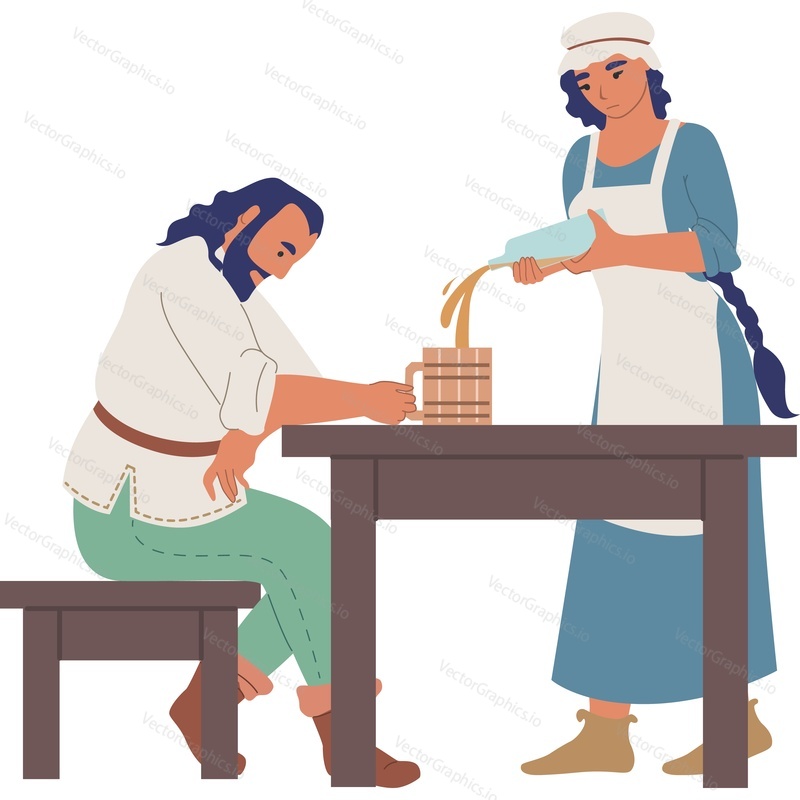 Medieval tavern with waitress and customer vector icon isolated on white background.
