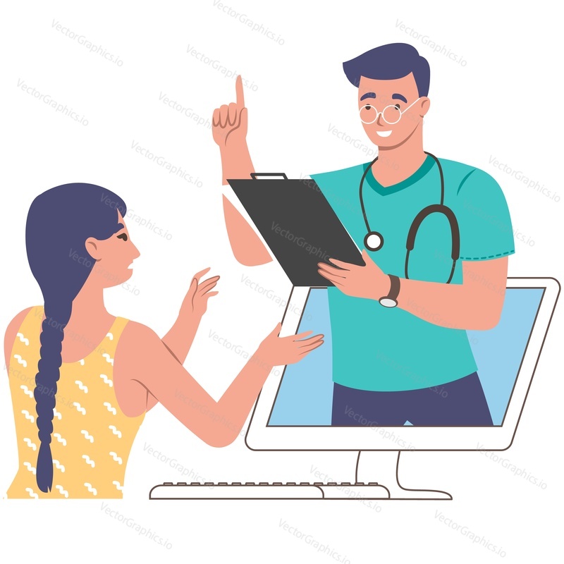 Woman having online consultation with doctor vector icon isolated on white background