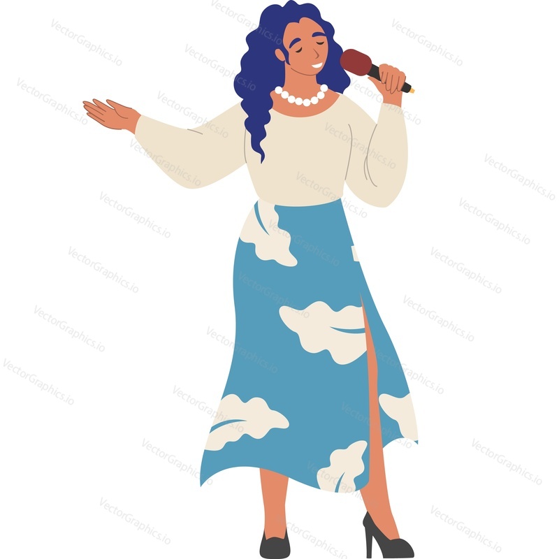 Female singer performs at talent show vector icon isolated on white background.